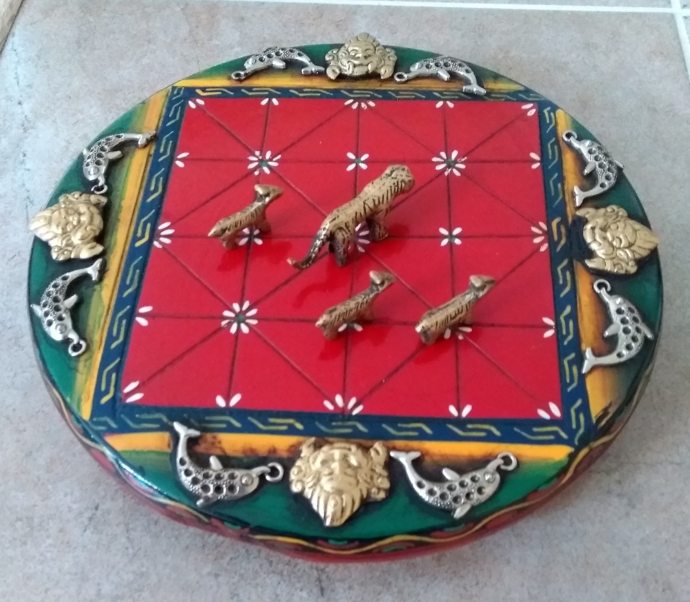 Wooden Moving Tigers Game (Bagha-Chal) with Brass Playing Pieces Design No 32