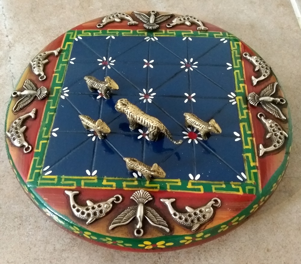 Wooden Moving Tigers Game (Bagha-Chal) with Brass Playing Pieces Design No 34