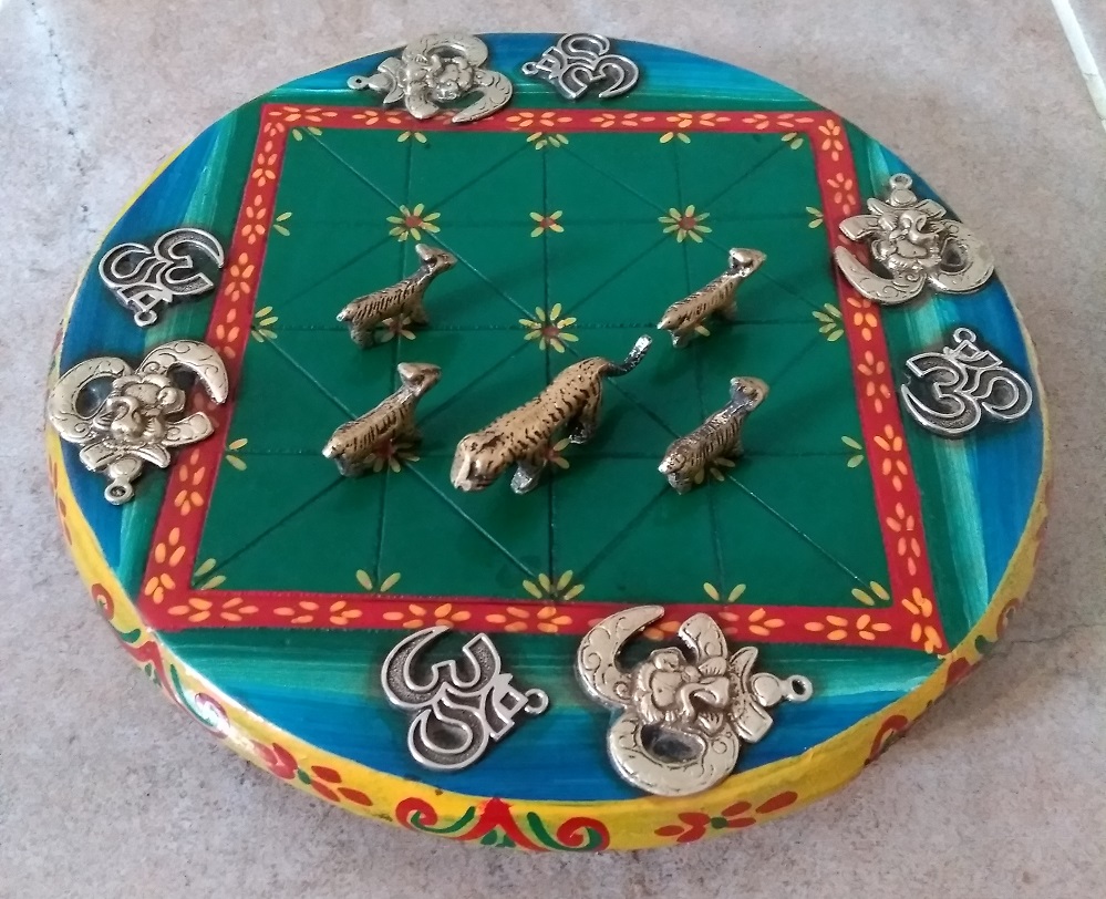 Wooden Moving Tigers Game (Bagha-Chal) with Brass Playing Pieces Design No 36