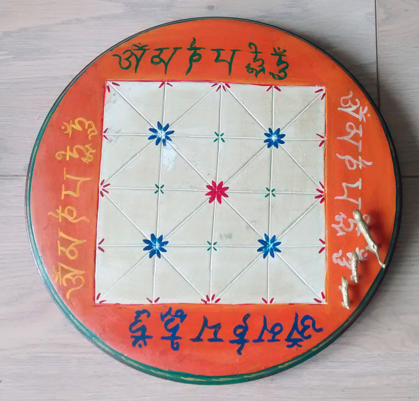 Wooden Moving Tigers Game (Bagha Chal) with Brass Playing Pieces Design No 22 (Slight Damage)