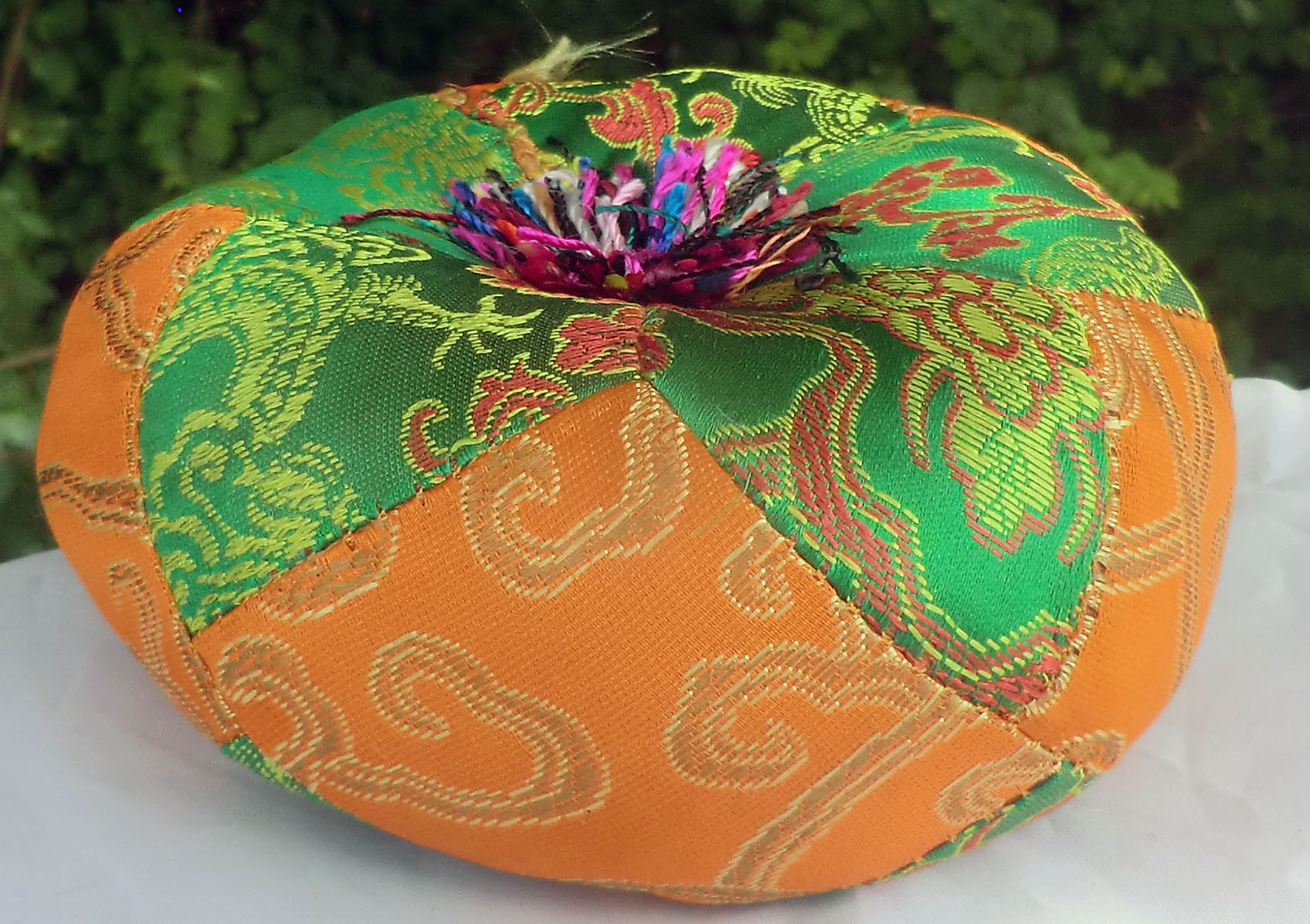 Extra Small Green/Orange 9cm Brocade Tibetan Singing Bowl Cushion