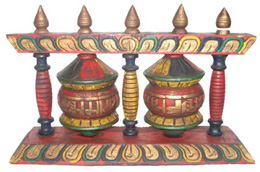 Buddhist Tibetan Prayer Wheels 28cm Wide Wooden Design No 26