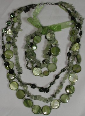 Olive Shell, Glass and Metal Necklace and Bracelet Set 971x246