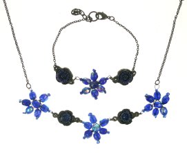 Fair Trade Black Metal and Blue Flowers Necklace Tar 1133