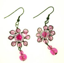 Fair Trade Pair Ear Rings  Flower with Hanging Bead PinkTar 1170