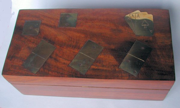 Dominoes, Dice and Cards Set in an Inlaid Wooden Box