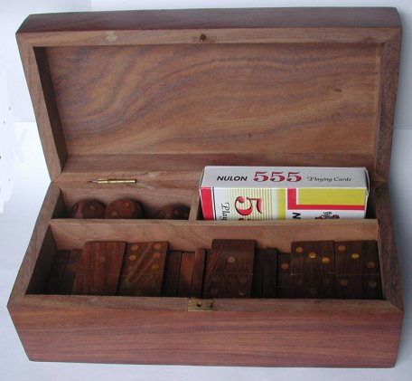 Dominoes, Dice and Cards Set in an Inlaid Wooden Box